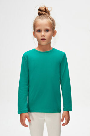 Koyu Yeşil Basic Unisex Çocuk Mevsimlik Sıfır Yaka Uzun Kollu Tişört