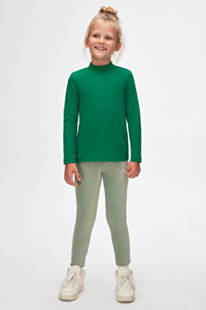 Yeşil Basic Kışlık Yarım Balıkçı Yaka Uzun Kollu Kız Çocuk Tişört