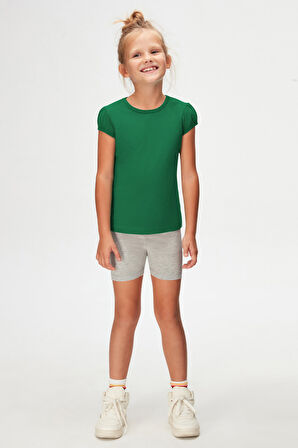 Yeşil Basic Kız Çocuk Sıfır Yaka Karpuz Kol Tişört