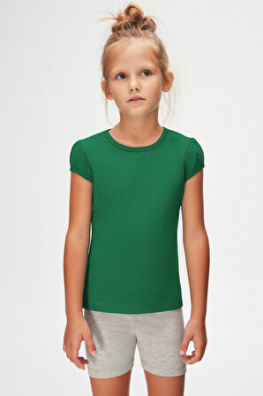 Yeşil Basic Kız Çocuk Sıfır Yaka Karpuz Kol Tişört
