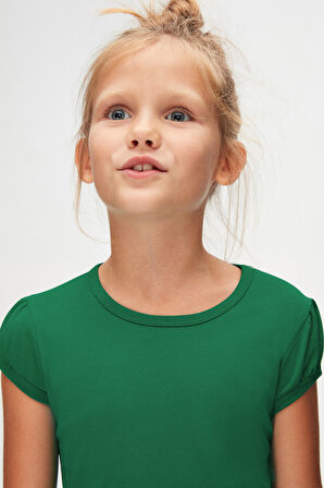 Yeşil Basic Kız Çocuk Sıfır Yaka Karpuz Kol Tişört