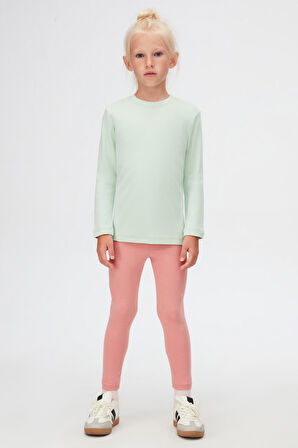 Soft Yeşil Basic Kışlık Sıfır Yaka Uzun Kollu Kız Çocuk Tişört