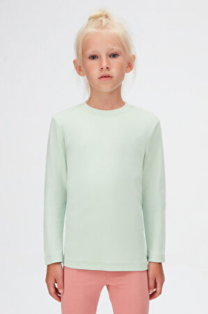 Soft Yeşil Basic Kışlık Sıfır Yaka Uzun Kollu Kız Çocuk Tişört