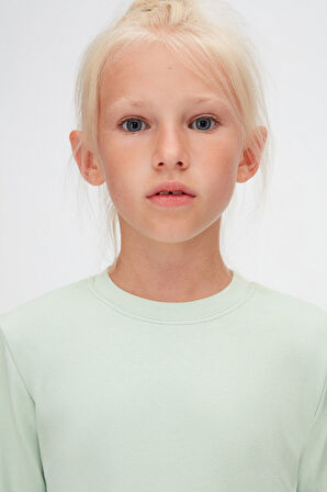 Soft Yeşil Basic Kışlık Sıfır Yaka Uzun Kollu Kız Çocuk Tişört