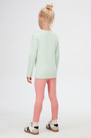 Soft Yeşil Basic Kışlık Sıfır Yaka Uzun Kollu Kız Çocuk Tişört