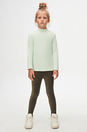 Soft Yeşil Basic Kışlık Yarım Balıkçı Yaka Uzun Kollu Kız Çocuk Tişört