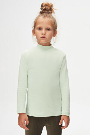 Soft Yeşil Basic Kışlık Yarım Balıkçı Yaka Uzun Kollu Kız Çocuk Tişört