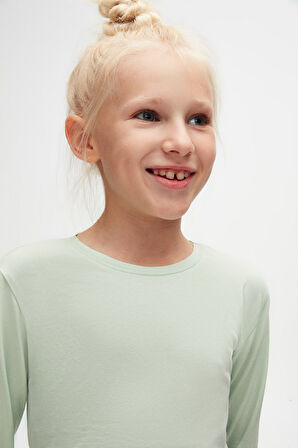 Soft Yeşil Basic Unisex Çocuk Mevsimlik Sıfır Yaka Uzun Kollu Tişört