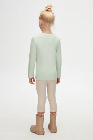 Soft Yeşil Basic Unisex Çocuk Mevsimlik Sıfır Yaka Uzun Kollu Tişört