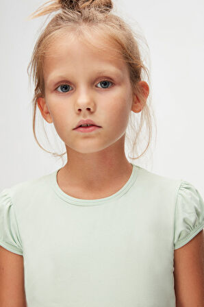 Soft Yeşil Basic Kız Çocuk Sıfır Yaka Karpuz Kol Tişört