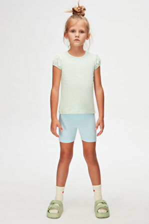 Soft Yeşil Basic Kız Çocuk Sıfır Yaka Karpuz Kol Tişört