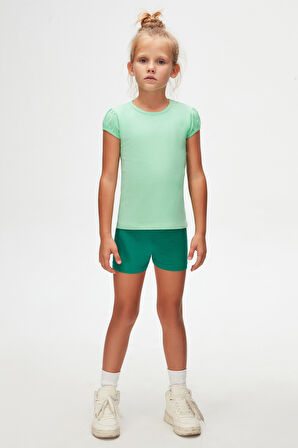 Pastel Yeşil Basic Kız Çocuk Sıfır Yaka Karpuz Kol Tişört