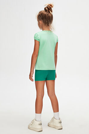 Pastel Yeşil Basic Kız Çocuk Sıfır Yaka Karpuz Kol Tişört