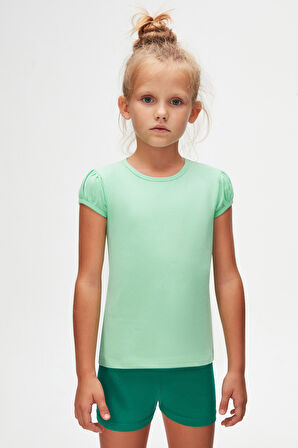 Pastel Yeşil Basic Kız Çocuk Sıfır Yaka Karpuz Kol Tişört