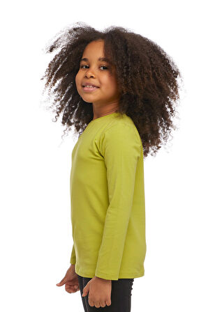 Yağ Yeşili Basic Unisex Çocuk Mevsimlik Sıfır Yaka Uzun Kollu Tişört