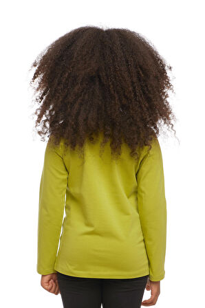 Yağ Yeşili Basic Unisex Çocuk Mevsimlik Sıfır Yaka Uzun Kollu Tişört