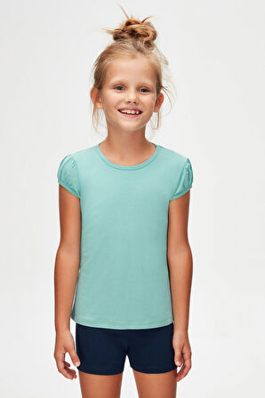 Çağla Yeşil Basic Kız Çocuk Sıfır Yaka Karpuz Kol Tişört