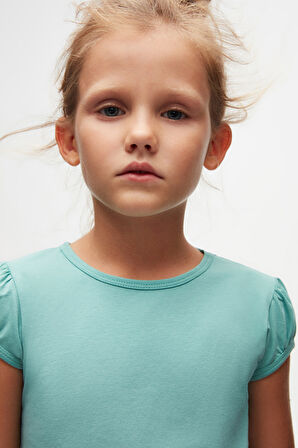 Çağla Yeşil Basic Kız Çocuk Sıfır Yaka Karpuz Kol Tişört