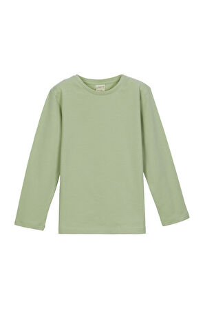 Açık Çağla Yeşil Basic Unisex Çocuk Mevsimlik Sıfır Yaka Uzun Kollu Tişört