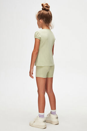 Açık Çağla Yeşil Basic Kız Çocuk Sıfır Yaka Karpuz Kol Tişört