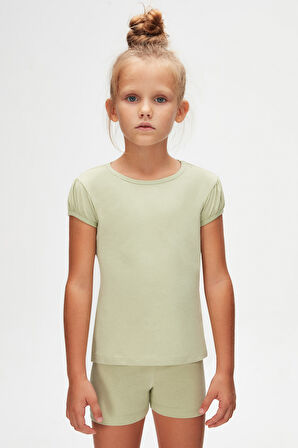 Açık Çağla Yeşil Basic Kız Çocuk Sıfır Yaka Karpuz Kol Tişört