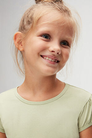 Açık Çağla Yeşil Basic Kız Çocuk Sıfır Yaka Karpuz Kol Tişört