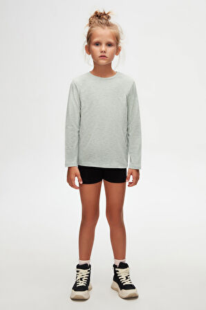 Açık Yeşil Melanj Basic Unisex Çocuk Mevsimlik Sıfır Yaka Uzun Kollu Tişört