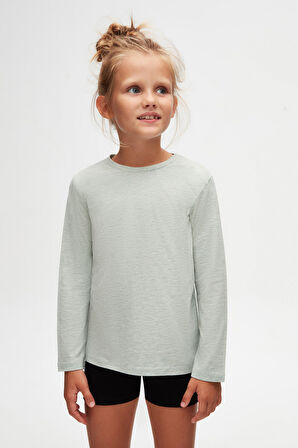 Açık Yeşil Melanj Basic Unisex Çocuk Mevsimlik Sıfır Yaka Uzun Kollu Tişört