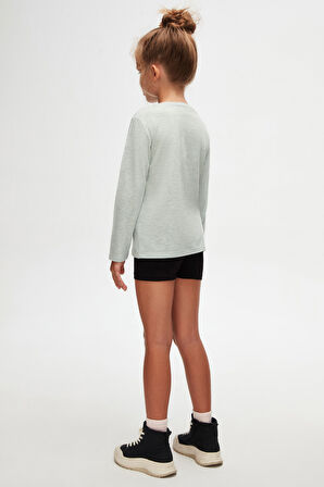 Açık Yeşil Melanj Basic Unisex Çocuk Mevsimlik Sıfır Yaka Uzun Kollu Tişört