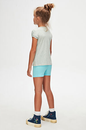 Açık Yeşil Melanj Basic Kız Çocuk Sıfır Yaka Karpuz Kol Tişört