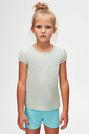 Açık Yeşil Melanj Basic Kız Çocuk Sıfır Yaka Karpuz Kol Tişört