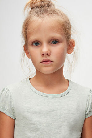 Açık Yeşil Melanj Basic Kız Çocuk Sıfır Yaka Karpuz Kol Tişört