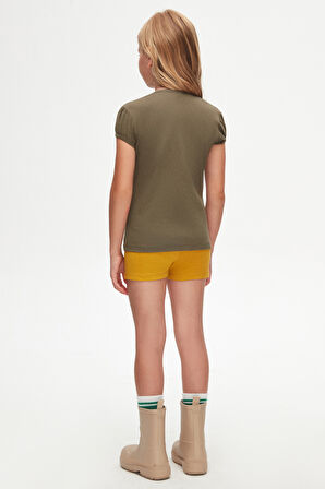 Kamuflaj Yeşil Basic Kız Çocuk Sıfır Yaka Karpuz Kol Tişört