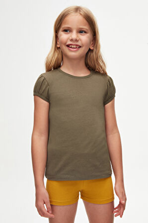 Kamuflaj Yeşil Basic Kız Çocuk Sıfır Yaka Karpuz Kol Tişört