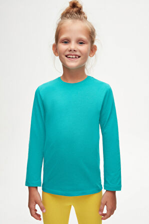 Petrol Basic Unisex Çocuk Mevsimlik Sıfır Yaka Uzun Kollu Tişört