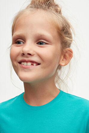 Petrol Basic Unisex Çocuk Mevsimlik Sıfır Yaka Uzun Kollu Tişört