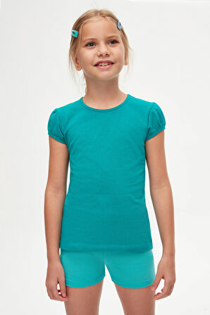 Petrol Basic Kız Çocuk Sıfır Yaka Karpuz Kol Tişört