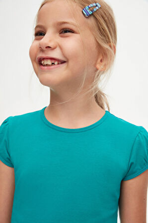 Petrol Basic Kız Çocuk Sıfır Yaka Karpuz Kol Tişört