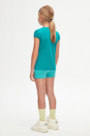 Petrol Basic Kız Çocuk Sıfır Yaka Karpuz Kol Tişört