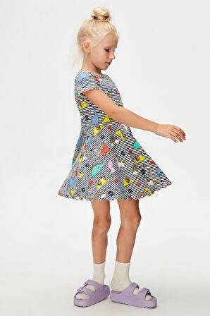 Rainbow Unicorn Kız Çocuk Desenli Kısa Kollu Elbise