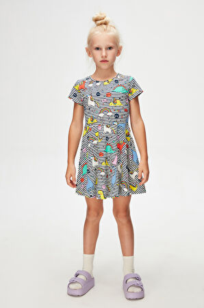 Rainbow Unicorn Kız Çocuk Desenli Kısa Kollu Elbise