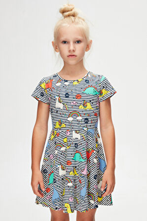Rainbow Unicorn Kız Çocuk Desenli Kısa Kollu Elbise