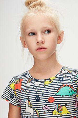 Rainbow Unicorn Kız Çocuk Desenli Kısa Kollu Elbise