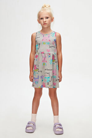 Chirping (Gray) Chirping Animals Kız Çocuk Desenli Kolsuz Elbise