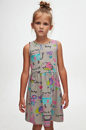 Chirping (Gray) Chirping Animals Kız Çocuk Desenli Kolsuz Elbise