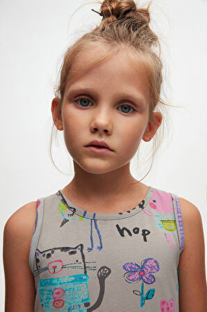 Chirping (Gray) Chirping Animals Kız Çocuk Desenli Kolsuz Elbise