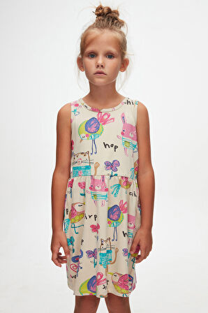 Chirping (Beige) Chirping Animals Kız Çocuk Desenli Kolsuz Elbise