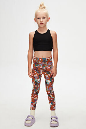 Kahverengi Forest Animals Kız Çocuk Yazlık Desenli Tayt