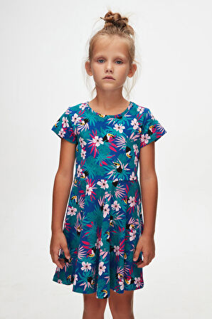 Tropical Parrot Kız Çocuk Desenli Kısa Kollu Elbise