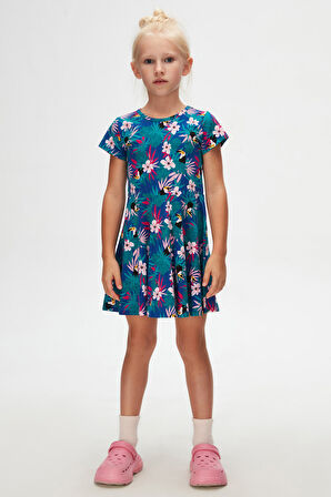 Tropical Parrot Kız Çocuk Desenli Kısa Kollu Elbise